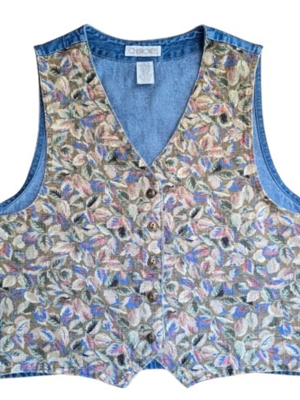 Vintage 90s Cherokee Floral Tapestry Denim Vest 100% Cotton L